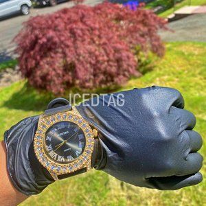 Iced Bling-ed Out Silicone Black Belt Strap Stylish Luxury Watch
